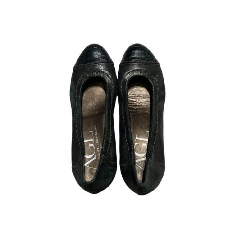 AGL Attilio Giusti Leombruni Metallic Black Leather Cap Toe Block Heel  38.5‎
